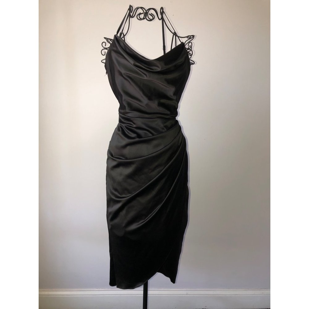 Black dress formal size 6 cowl neck zipper closure lined adjustable straps